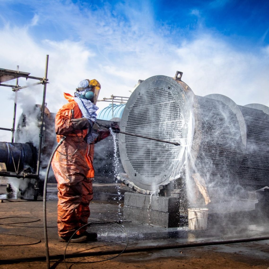 Ein Arbeiter in Schutzkleidung reinigt eine große Metalloberfläche mit Wasser und Dampfwolken.